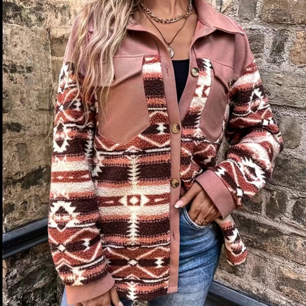 Aztec Pattern Teddy Jacket Button Front Size Medi… - image 2